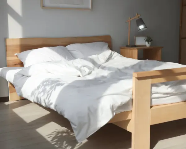 Ein helles Holzbett mit weißer Bettwäsche, das man leicht selber bauen kann. Sonnenschein fällt durch das Fenster.
