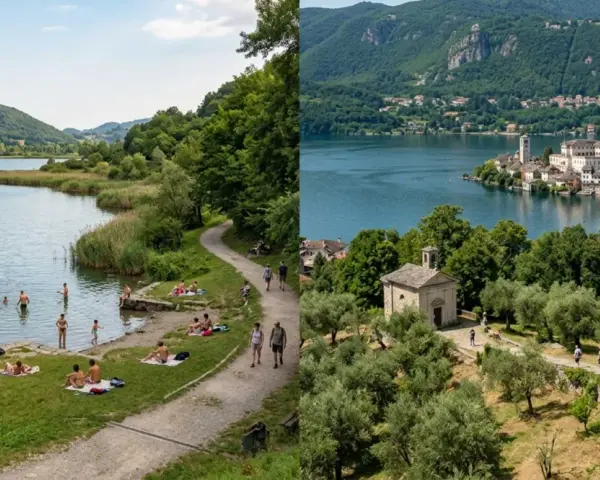 Splendido **lago di Endine** con persone che si rilassano e nuotano. A destra, un'isola con un borgo pittoresco e una chiesetta.
