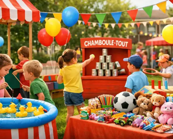 Enfants s'amusant à la kermesse, jeux de chamboule-tout, pêche aux canards, et jouets. 60 idées de jeux pour kermesse.