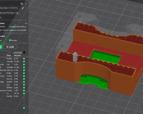 Podgląd modelu 3D w Creality Slicer, pokazujący warstwy wydruku: wypełnienie, ściany i podpory.