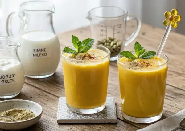 Dwa szklanki orzeźwiającego mango lassi, udekorowane miętą, na drewnianym stole. Obok składniki: pokrojone mango, jogurt, mleko, miód i przyprawy.