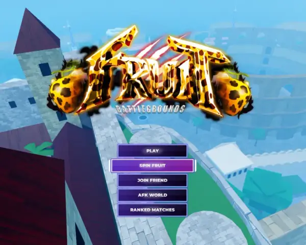 Menu gry Fruit Battlegrounds. Gracze mogą grać, kręcić owocami, dołączać do znajomych, wchodzić do AFK World lub grać w rankingowe mecze.