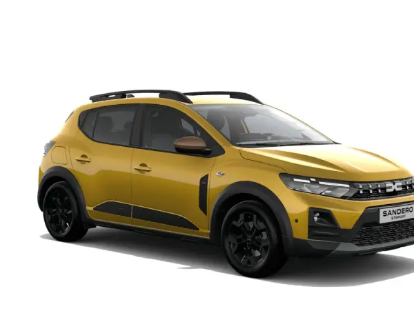 Dacia Sandero Stepway gialla, con barre sul tetto e cerchi neri. Ideale per chi cerca il giusto valore per la pressione gomme Dacia Sandero Stepway.