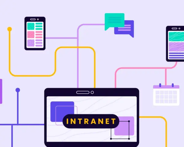 Ein Tablet zeigt "INTRANET". Smartphones, Dokumente, Chatblasen und ein Kalender sind verbunden.
