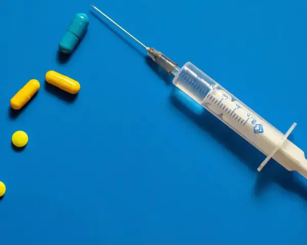 Strzykawka z igłą i kilka tabletek, w tym kapsułki. Może to być przygotowanie do zastrzyku hormonalnego.
