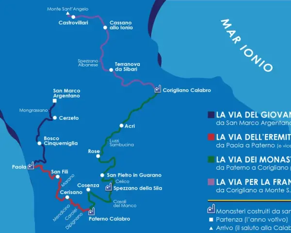 Mappa del cammino di San Francesco in Calabria, con le vie del giovane, dell'eremita, dei monasteri e per la Francia.