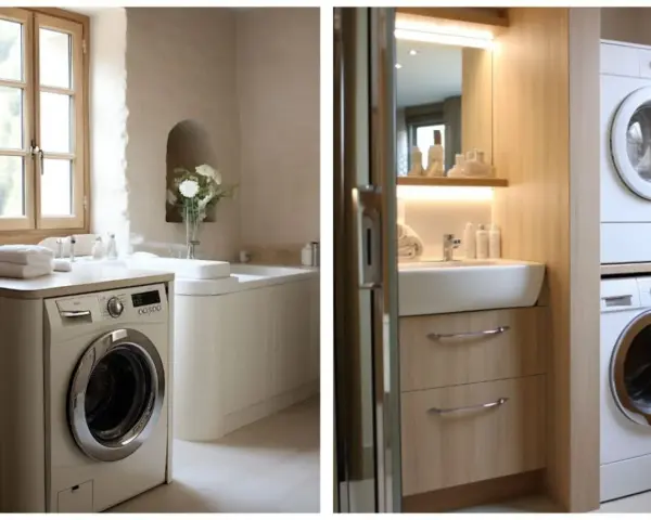 Salle de bain avec machine à laver, baignoire et lavabo. Une autre salle de bain présente une machine à laver empilée.