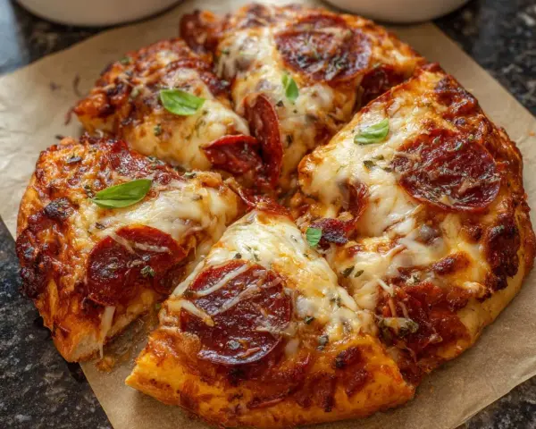 Pyszna pizza pepperoni z ciągnącym się serem, przygotowana w **air fryerze**. Idealna na szybki lunch.