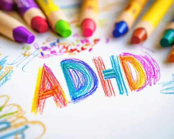 Kolorowe kredki otaczają napis "ADHD" narysowany na białej kartce. Dziecko, które nie jest neurotypowe, wyraża siebie przez sztukę.