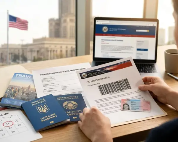 Przygotowanie do rozmowy o wizę do USA: paszporty, formularz DS-160 i kalendarz z zaznaczoną datą.