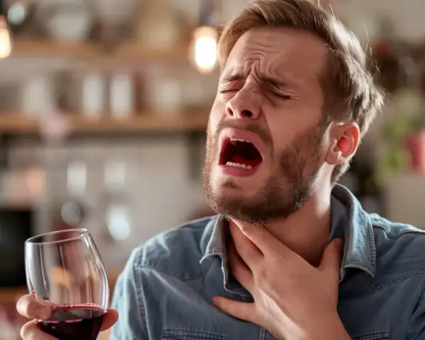 Mężczyzna z bólem gardła, trzymający kieliszek wina. Czuje nieprzyjemną zgagę po alkoholu.