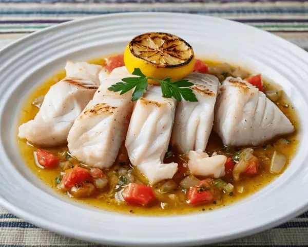 Filetes de pescado blanco, con tomate y limón asado, listos para ser disfrutados. ¡Un pez ballesta se come así de bien!