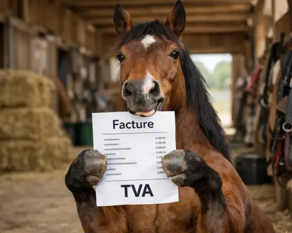 Un cheval tient une facture avec la mention "TVA". Il semble s'interroger sur la réglementation pension pour chevaux.
