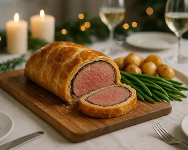 Un magnifique filet mignon en croûte, prêt à être dégusté, accompagné de pommes de terre rôties et de haricots verts. L'ambiance est festive avec des bougies et des lumières scintillantes.