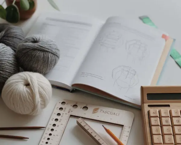 Ovillos de lana, libro de patrones con diagramas de medidas, regla, lápiz y calculadora de bambú. Ideal para calcular medidas de muslo mujer.