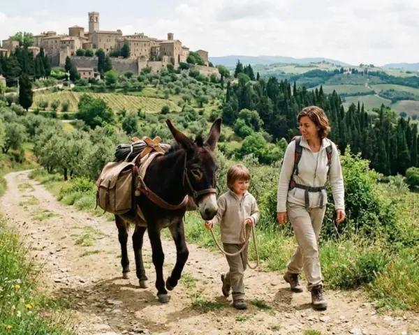 Una donna e un bambino camminano su sentieri Val d'Orcia con un asino carico, sullo sfondo un borgo medievale.