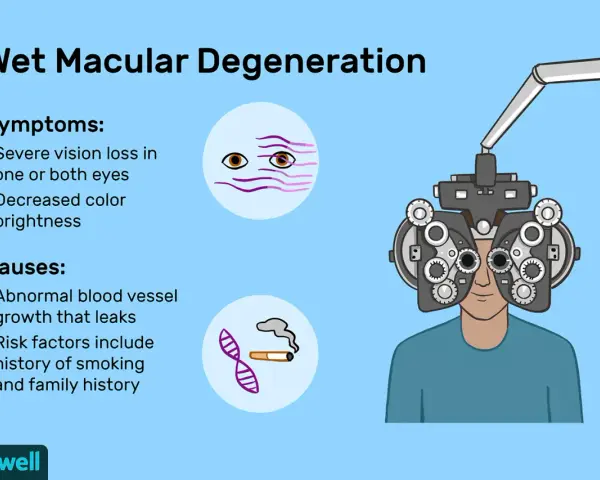 Illustrazione sulla degenerazione maculare umida, con sintomi e cause. Un occhio stilizzato mostra visione offuscata, un altro fumo e DNA. Un uomo con un forottero per un esame della vista.