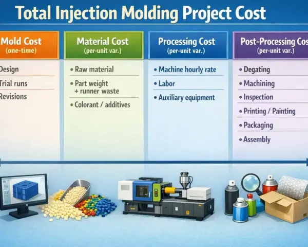 Diagram detailing total plastic injection molding project costs, from mold design to assembly, with visual elements of the process.
