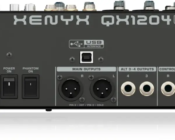 Tył miksera Behringer Xenyx QX1204USB z wejściem zasilania, przełącznikami Power/Phantom, USB, wyjściami Main, Alt i Control Room.