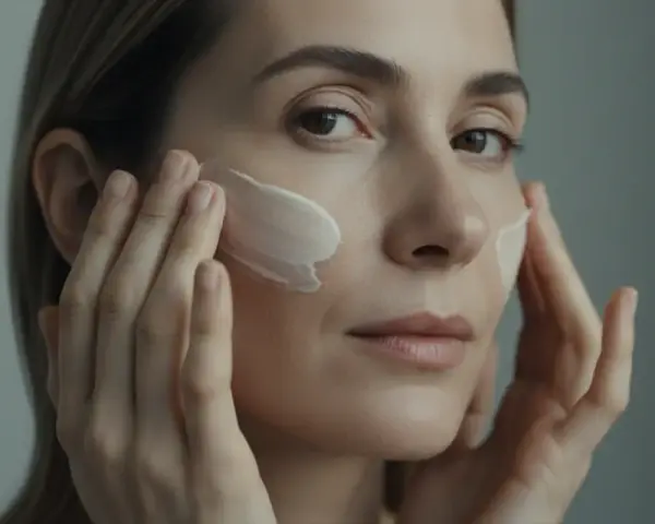 Une femme applique une crème sur son visage, étape essentielle du démaquillage. Ses doigts doux étalent le produit pour une peau nette et douce.