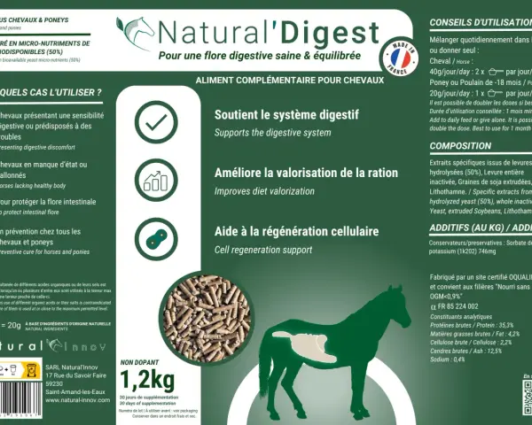 Aliment complémentaire pour chevaux, Natural'Digest, soutient le système digestif. Non dopant, 1,2kg.