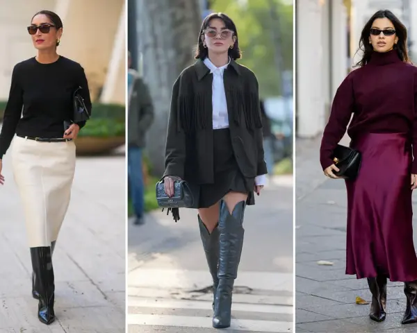 Tre donne sfoggiano un outfit gonna e stivali alti: uno con gonna bianca e stivali neri, uno con gonna verde e stivali texani, e uno con gonna di raso bordeaux e stivali scuri.
