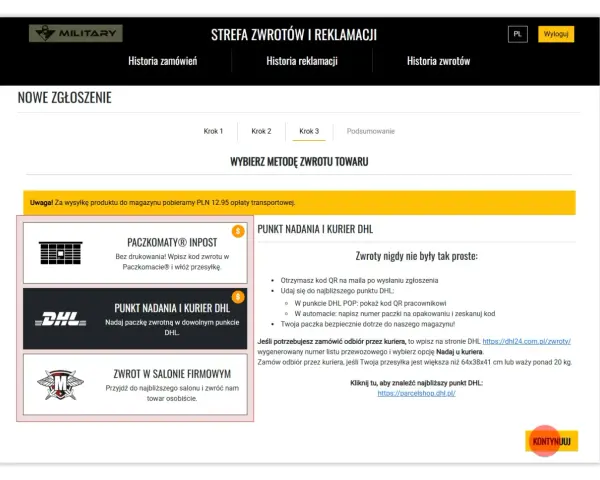Strefa zwrotów i reklamacji. Wybierz metodę zwrotu towaru: Paczkomaty InPost, punkt nadania i kurier DHL, zwrot w salonie firmowym. Militaria zwroty.