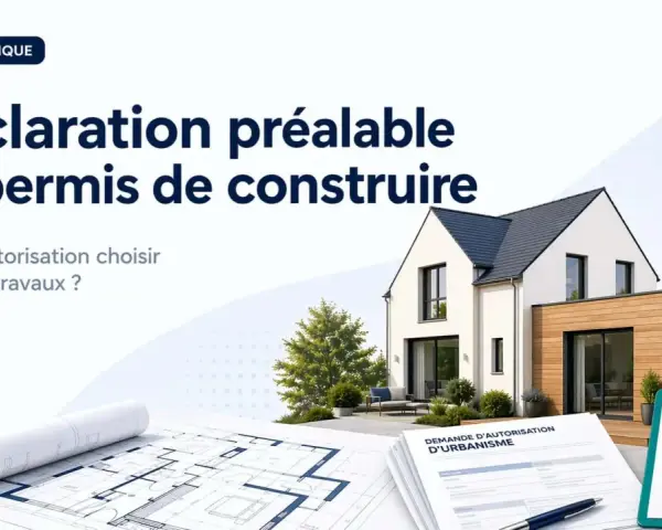 Guide pratique sur la déclaration préalable ou le permis de construire. Plans, maison moderne et formulaire d'urbanisme.