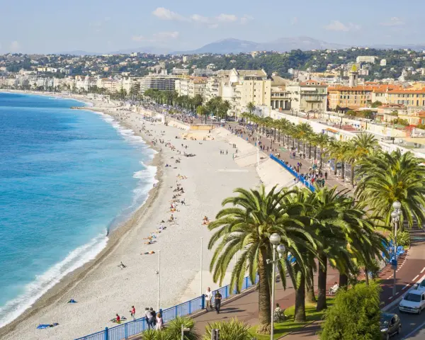 Spiaggia di Nizza, un luogo ideale per pensare a come trovare lavoro all'estero, con palme e mare azzurro.