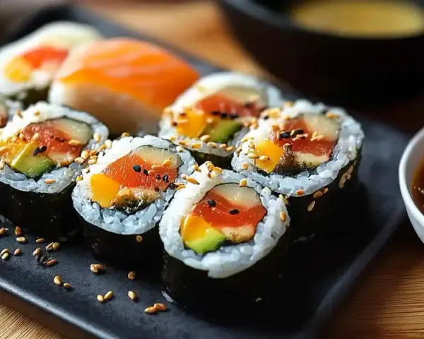 Pyszne domowe sushi z łososiem, awokado i mango, posypane sezamem, gotowe do zanurzenia w sosie sojowym.