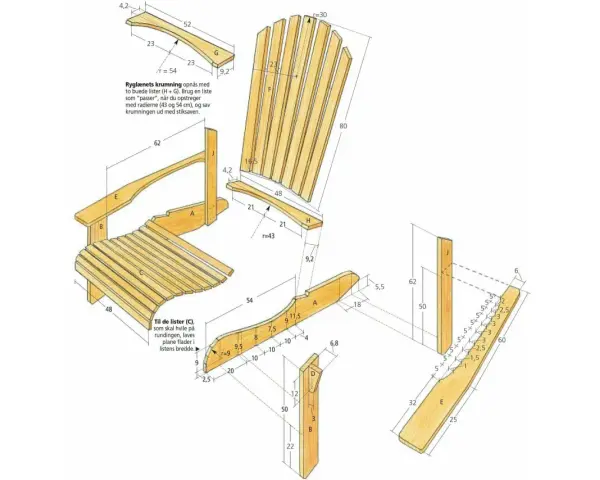Detaljerad adirondackstol ritning med mått. Perfekt för dig som vill bygga en egen stol.