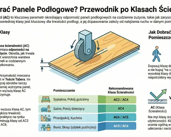 Wybierając panele, zwróć uwagę na klasy ścieralności (AC). Wyższa klasa AC oznacza większą trwałość podłogi w codziennym użytkowaniu.