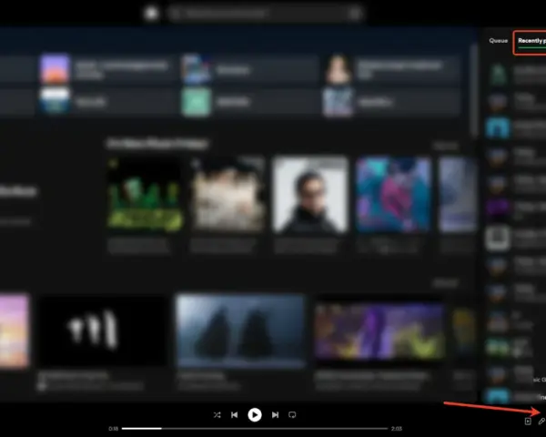 Spotify-Fenster mit hervorgehobener Liste "Recently played" (kürzlich abgespielt).