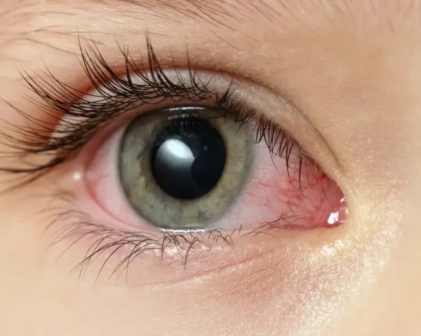 Occhio con congiuntivite, il cui significato è infiammazione. La sclera è arrossata e irritata.