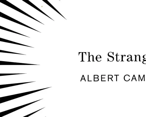 Abstrakte schwarze Linien auf weißem Hintergrund mit dem Titel "The Stranger" und "ALBERT CAMUS".