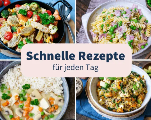 Vier bunte Gerichte: Gemüsepfanne, Nudeln mit Erbsen, Hähnchen mit Reis und Quinoa-Bowl. Perfekt für leichte Sommergerichte, die schnell zubereitet sind.