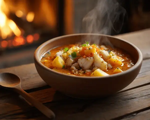 Un reconfortante plato de patatas con bacalao humeante, servido en un cuenco de madera junto a una chimenea crepitante.