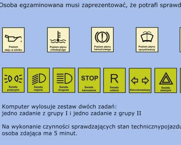 Na egzaminie na prawo jazdy sprawdzisz 9 elementów z grupy I i 9 z grupy II. Komputer losuje po jednym z każdej grupy.