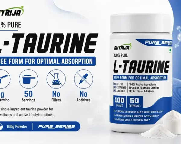 Czy tauryna pobudza? Nutrija L-Taurine, 100% czysty proszek, 2g na porcję, 50 porcji. Wspiera zdrowie, poprawia regenerację. Bez wypełniaczy i dodatków.