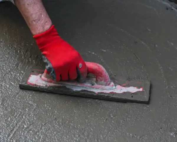 Ręka w czerwonej rękawicy wygładza świeżą wylewkę do garażu za pomocą kielni.