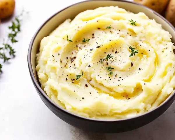 En skål med krämigt potatismos lyx, toppat med örter och peppar. Perfekt som tillbehör till middagen.