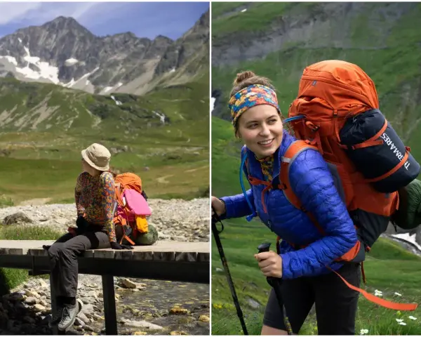 Dwie kobiety w górach, przygotowujące się do trekkingu. Jedna siedzi na moście, druga idzie z plecakiem. Przygoda w stylu Tour de Mont Blanc.