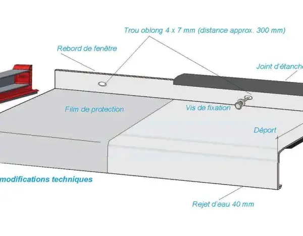 Détail d'un rejingot aluminium avec son embout coulissant, joint d'étanchéité, vis de fixation et bande d'insonorisation.