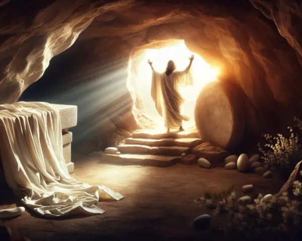 The resurrection of Jesus is depicted as a figure in white emerges from a tomb, arms raised to the light. An empty burial shroud lies on a stone slab.