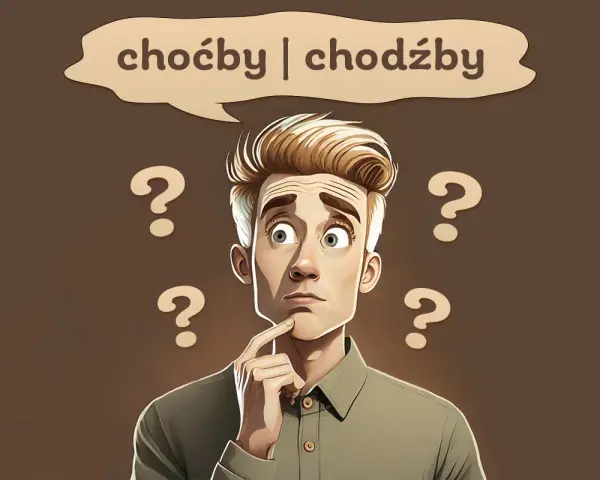 Zastanawiam się, **choć czy chodź**? Wokół głowy pytajniki, a w chmurce dylemat językowy.