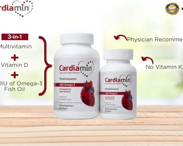 Cardiamin: 3-w-1 multivitamin z witaminą D i olejem rybim Omega-3. Polecany przez lekarzy, bez witaminy K.