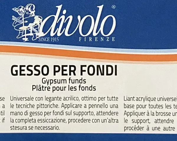 Impasto di gesso e vinavil per fondi, ideale per ogni tecnica pittorica. Si applica a pennello, attende l'asciugatura e si procede con altre stesure se necessario.