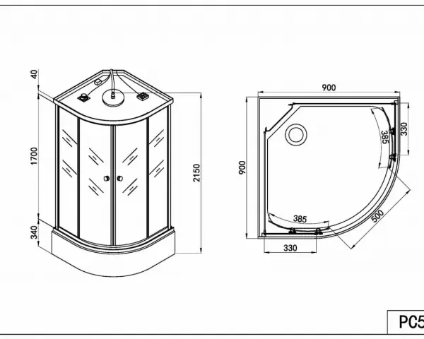 Rysunek techniczny narożnego prysznica z podanymi wymiarami: wysokość 2150 mm, szerokość 900 mm.