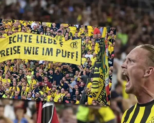 Emocje na meczu Union Berlin – Borussia. Kibice BVB z transparentem "Prawdziwa miłość, ceny jak w burdelu!".
