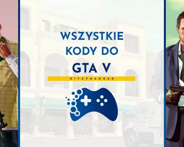 Postać z GTA V z bronią, obok napis "Wszystkie kody do GTA V PC".